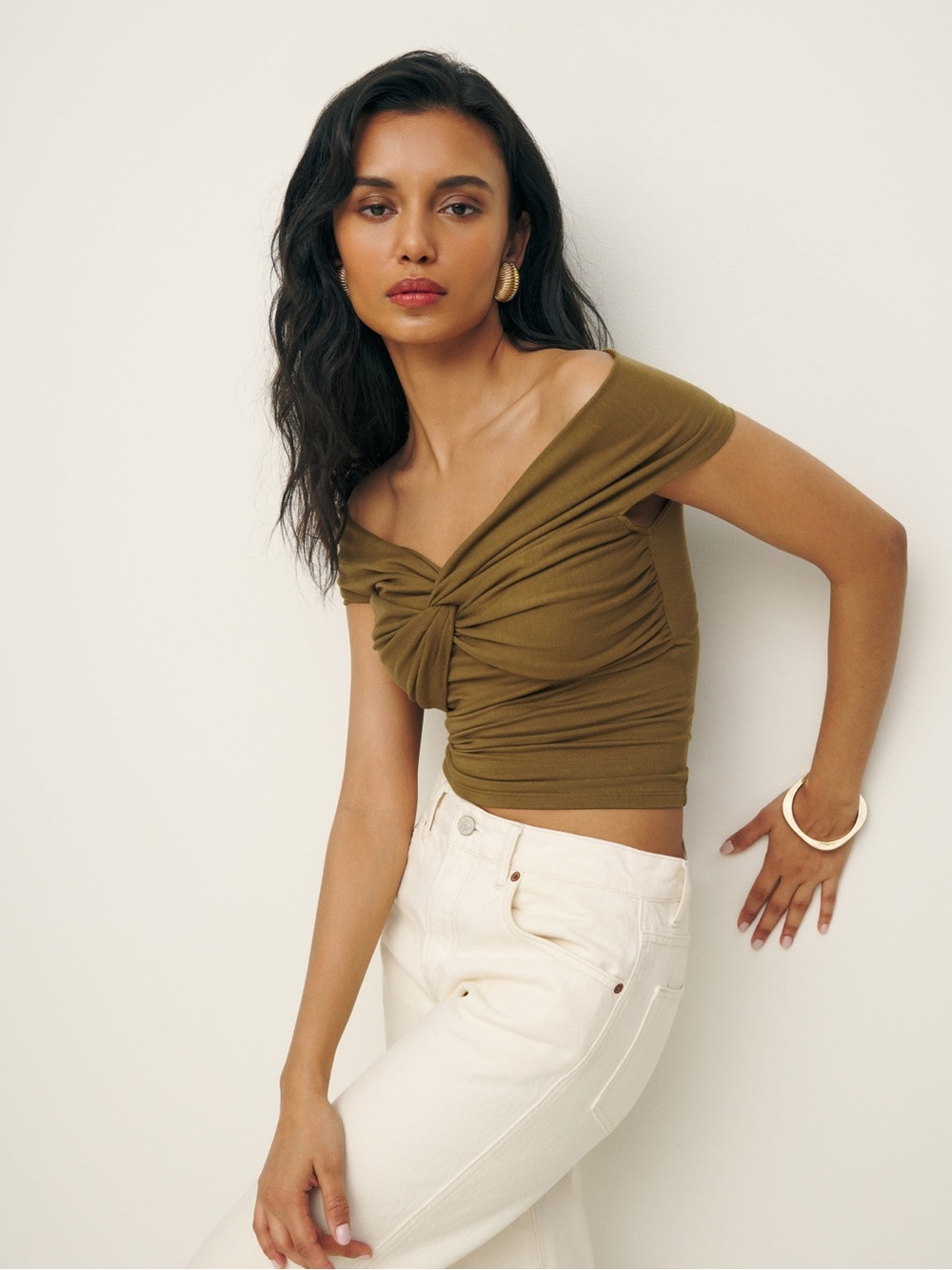 Reformation Ezlynn Twist-Front Off-Shoulder Top